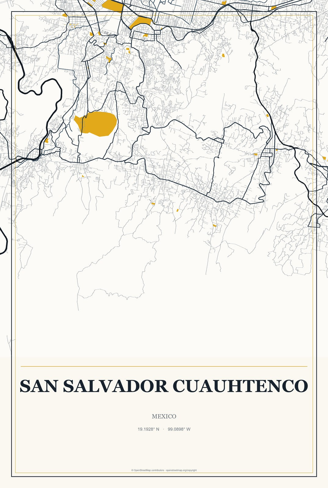 San Salvador Cuauhtenco, Mexico City Map Aluminum Sign in Citrine Modern style