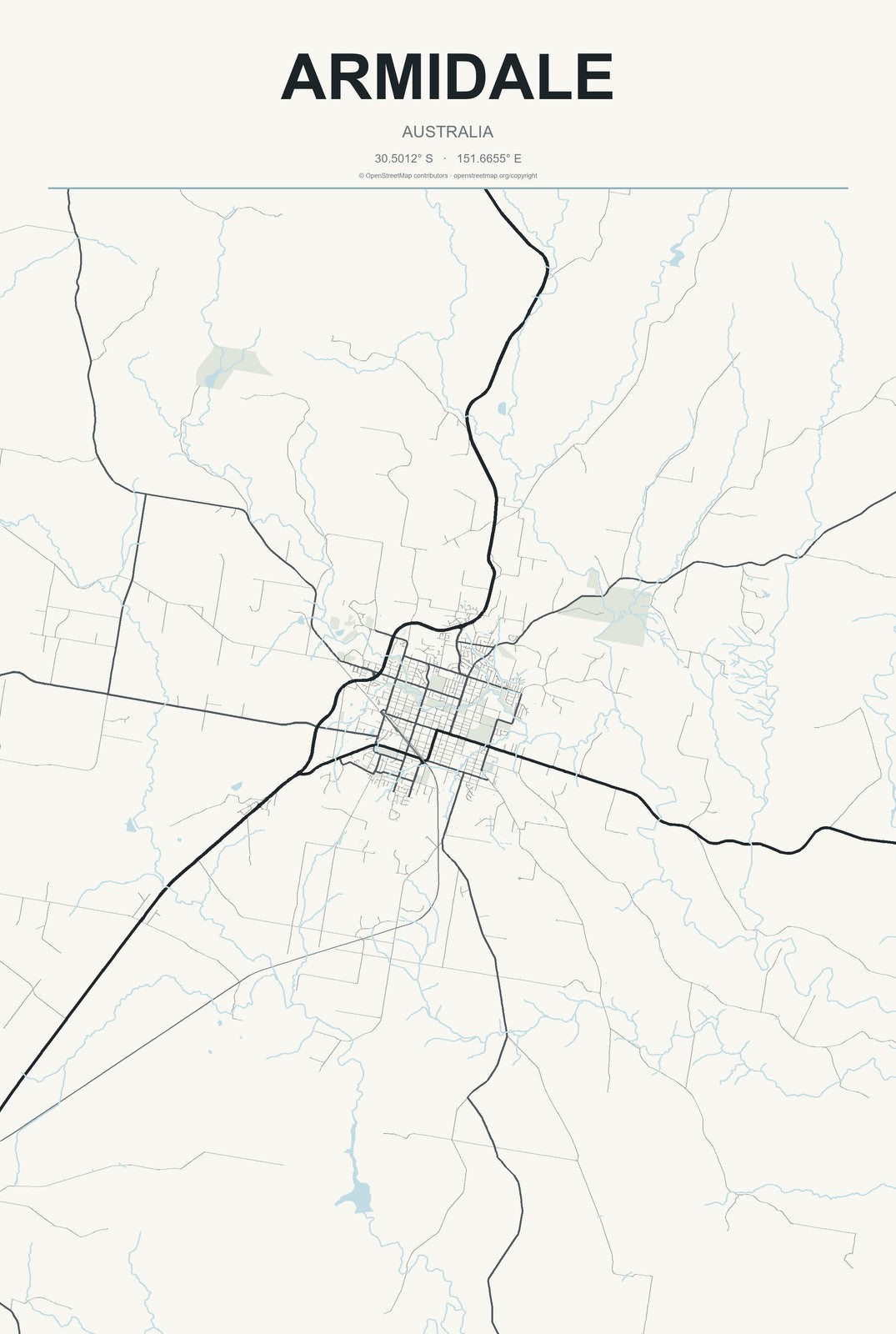 Armidale, Australia City Map Aluminum Sign in Headline Atlas style