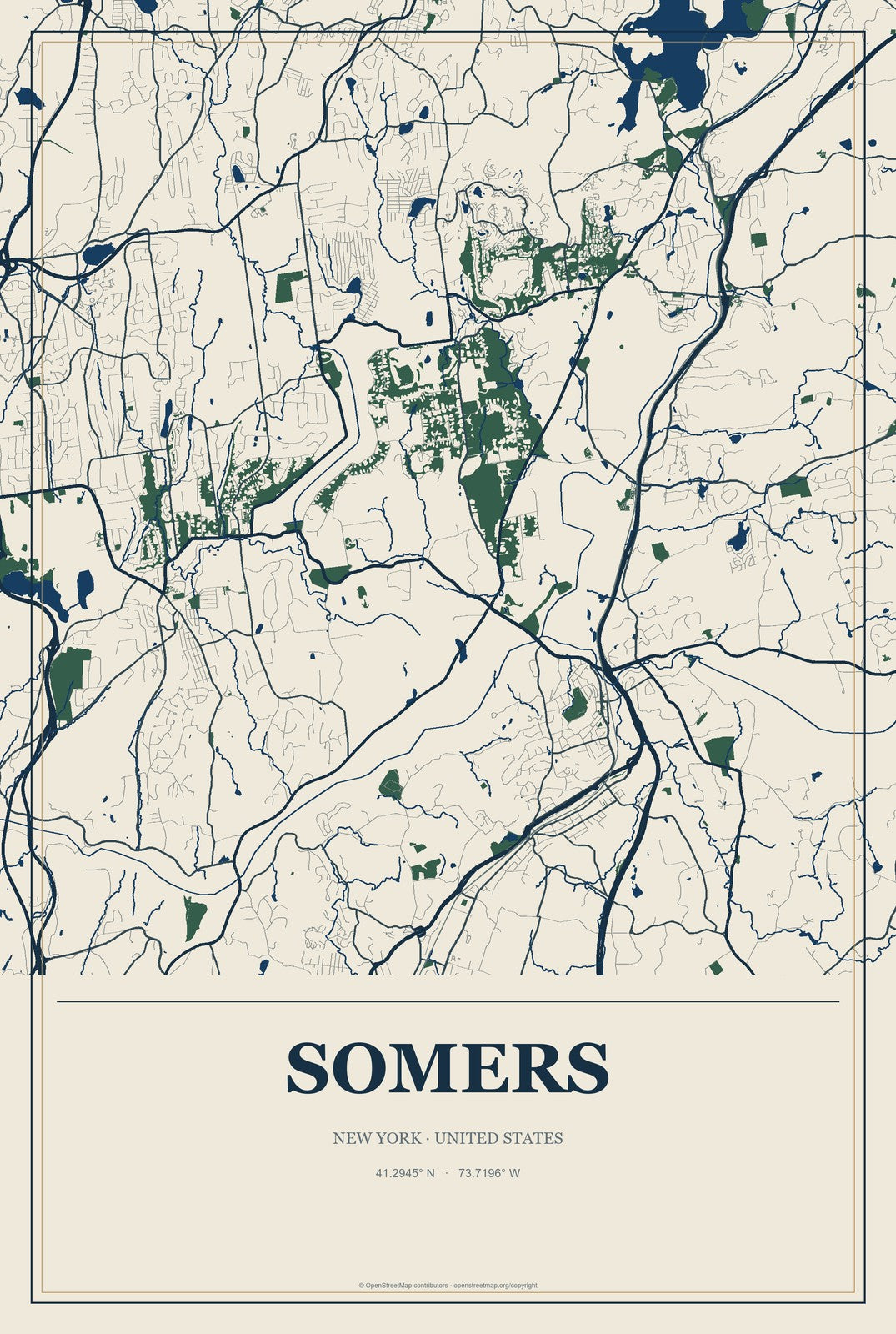 Somers, New York City Map Aluminum Sign in Coastal Cutout style