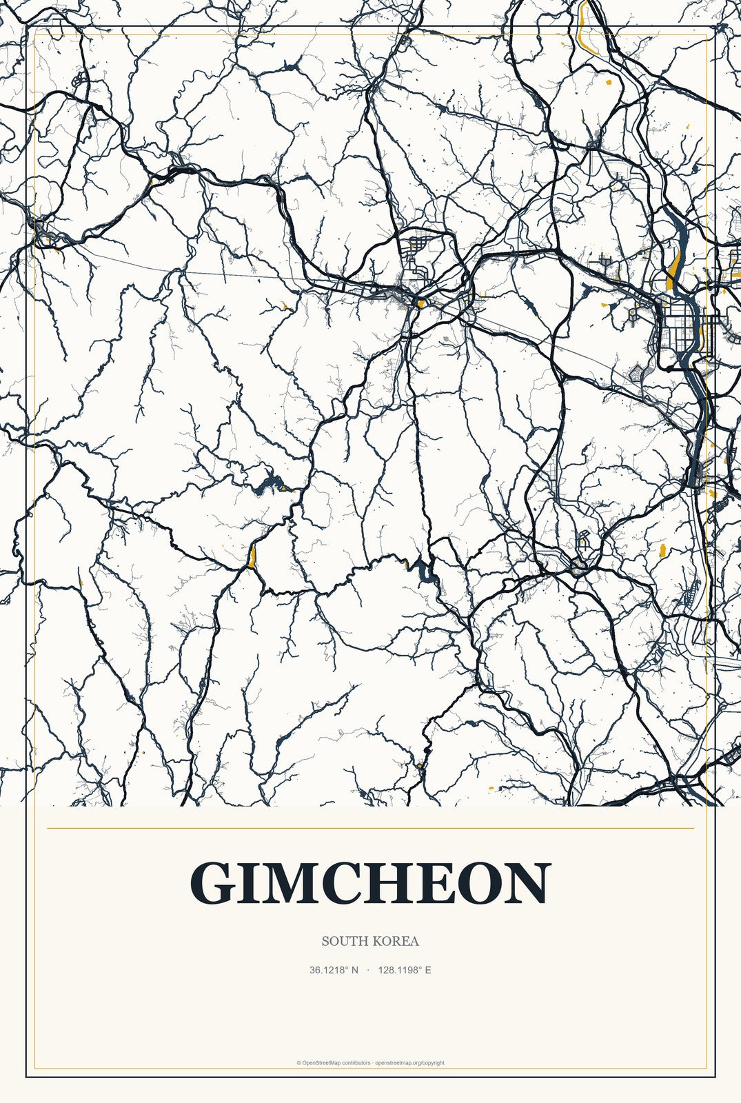 Gimcheon, South Korea City Map Aluminum Sign in Citrine Modern style