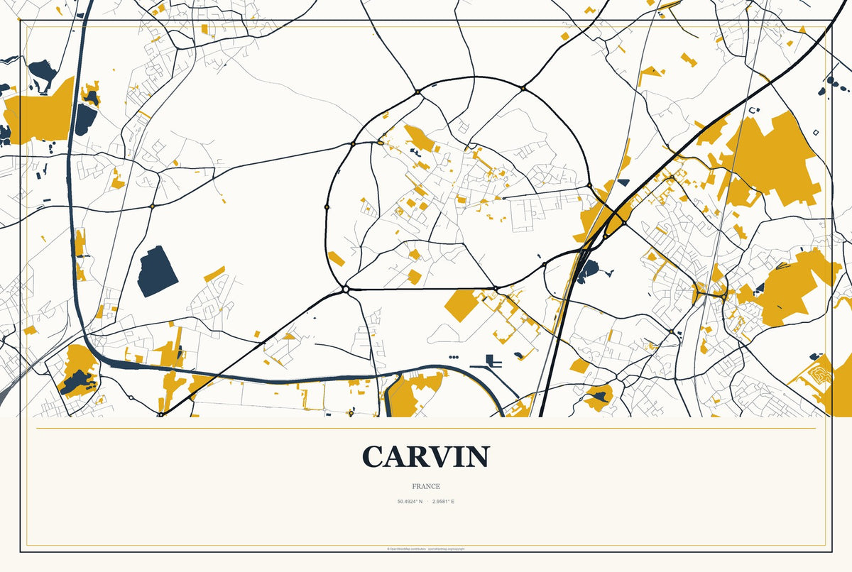 Carvin, France City Map Aluminum Sign in Citrine Modern style