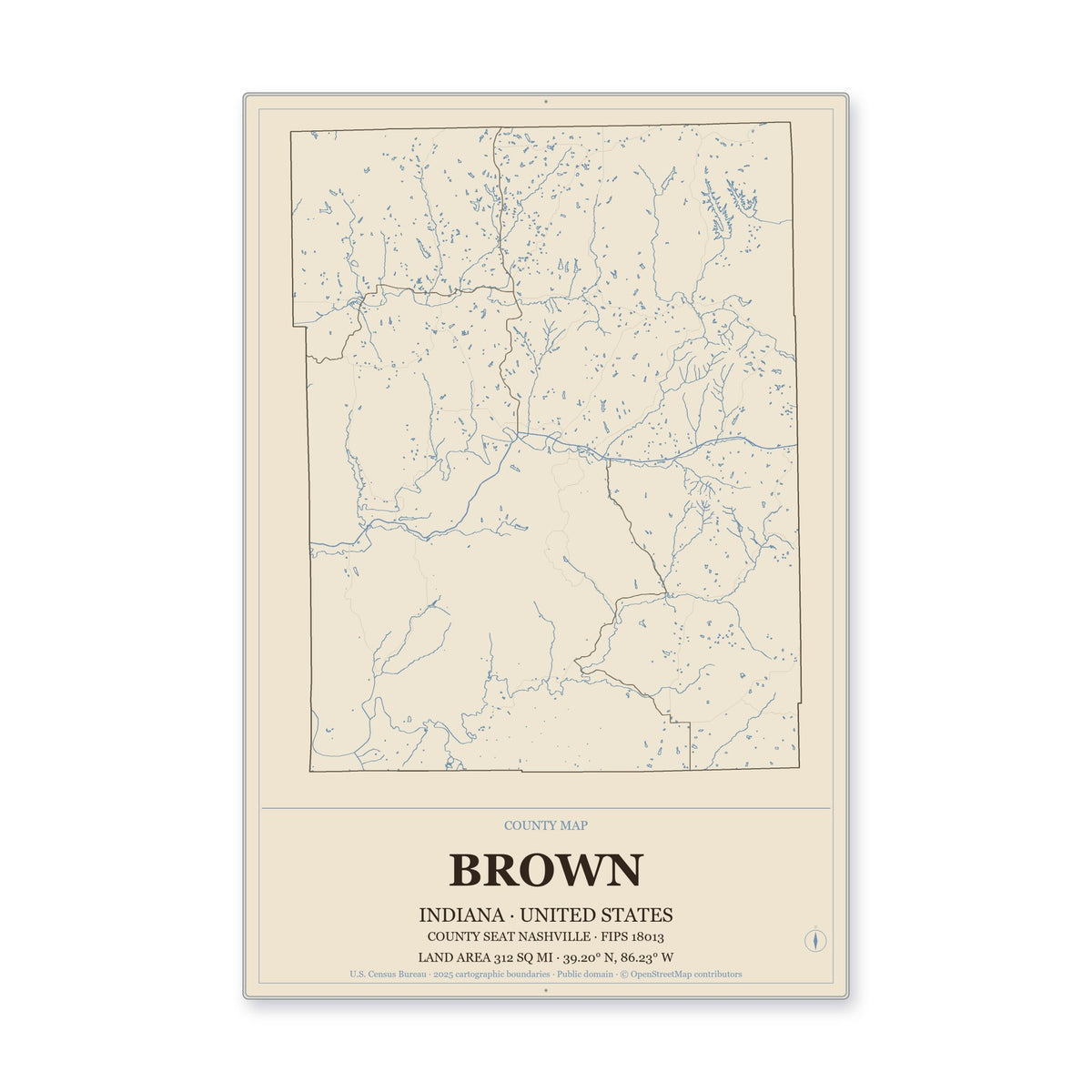 Brown County, Indiana Map Aluminum Sign in Heritage Nautical style