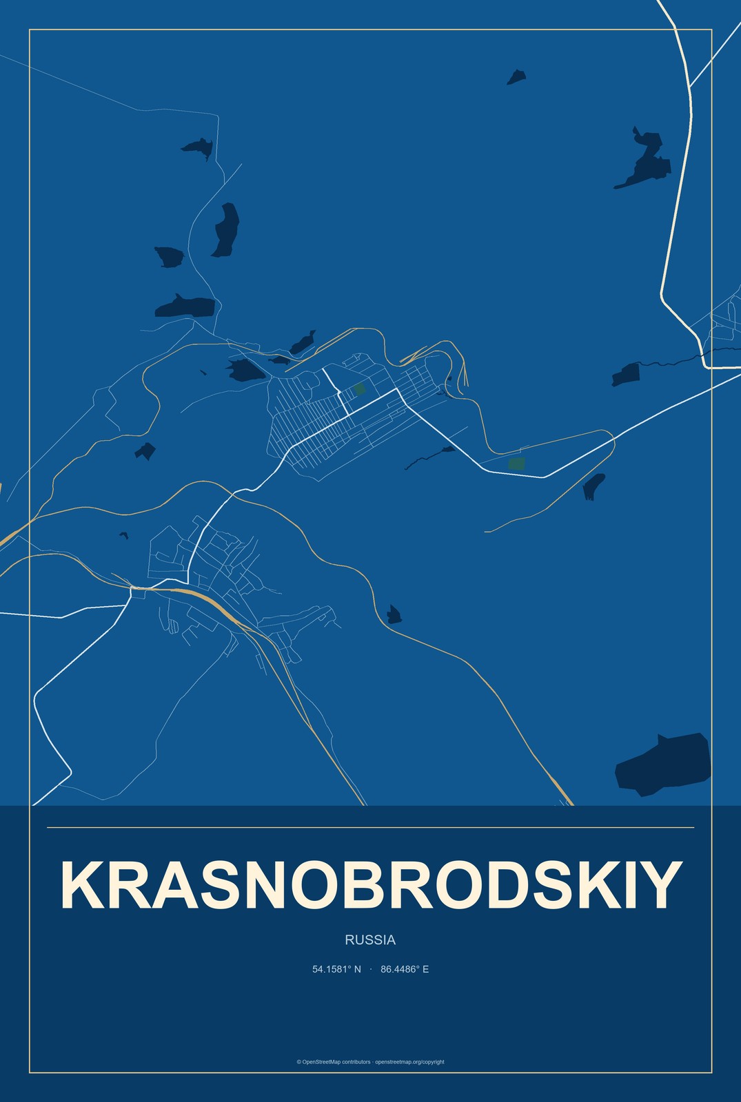 Krasnobrodskiy, Russia City Map Aluminum Sign in Harbor Cobalt style
