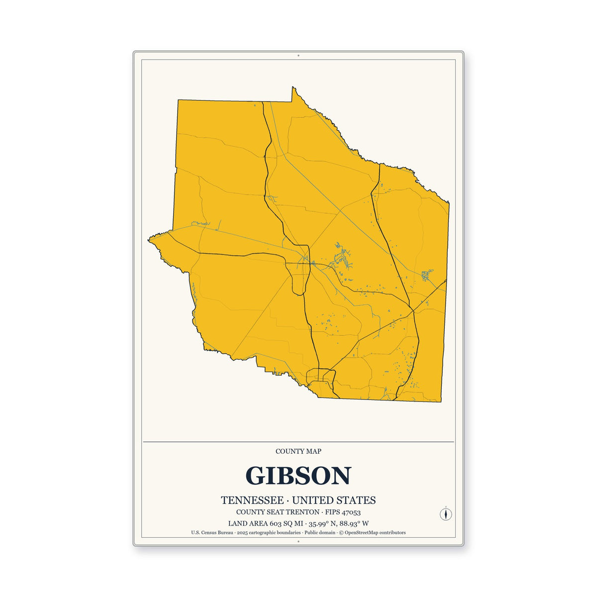 Gibson County, Tennessee Map Aluminum Sign in Citrine Modern style