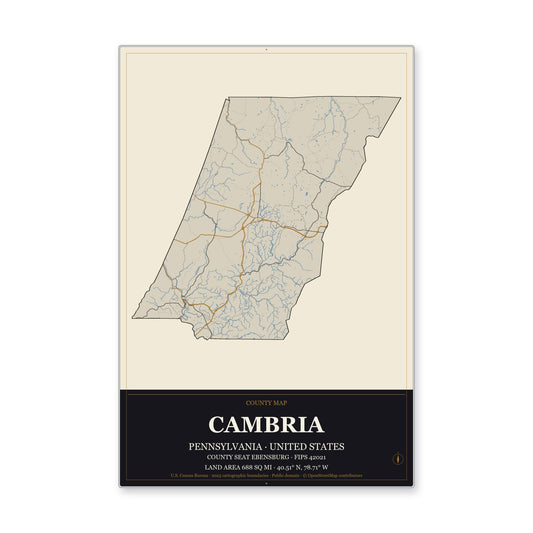 Cambria County, Pennsylvania Map Aluminum Sign in Museum Plaque style