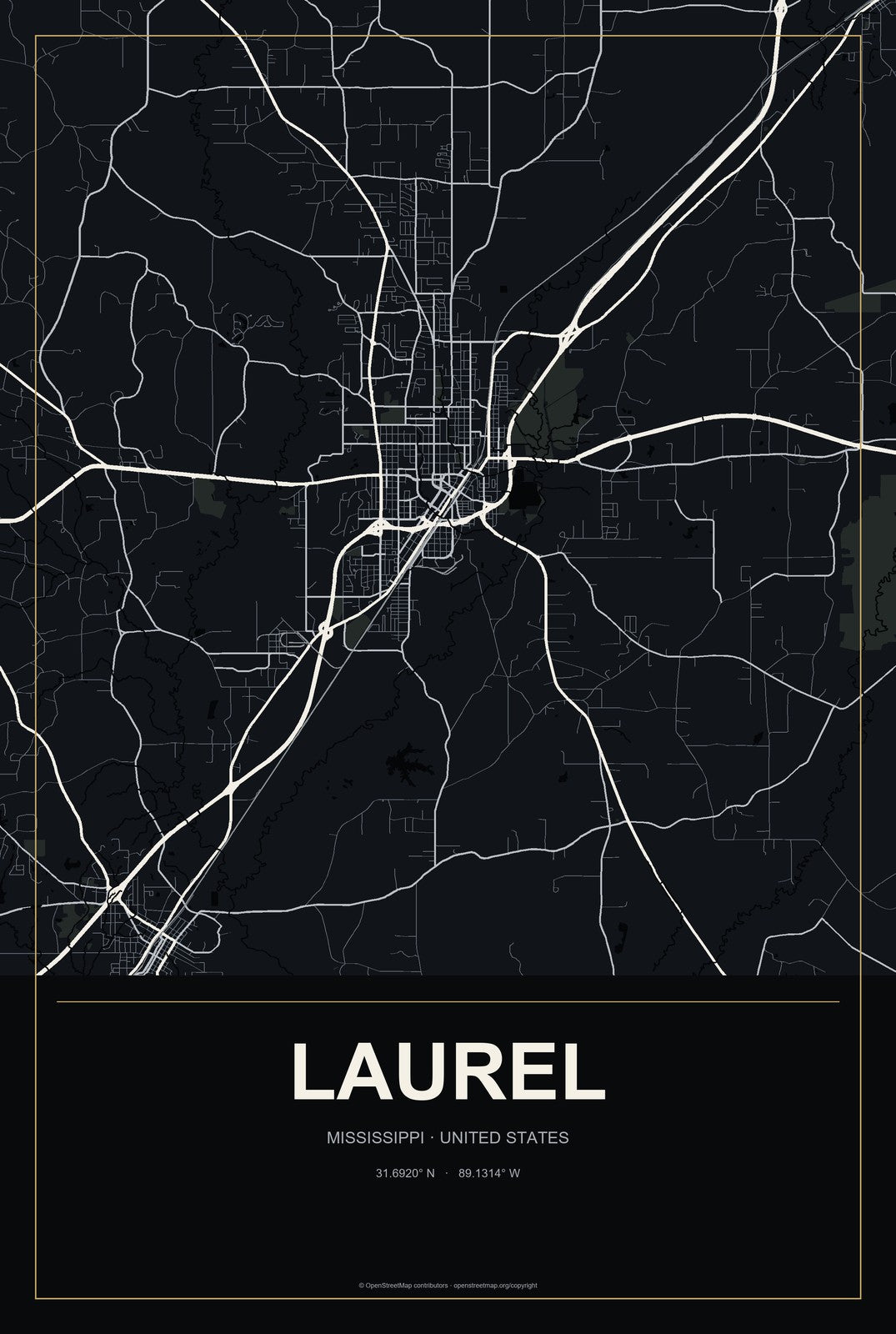 Laurel, Mississippi City Map Aluminum Sign in Metropolitan Noir style