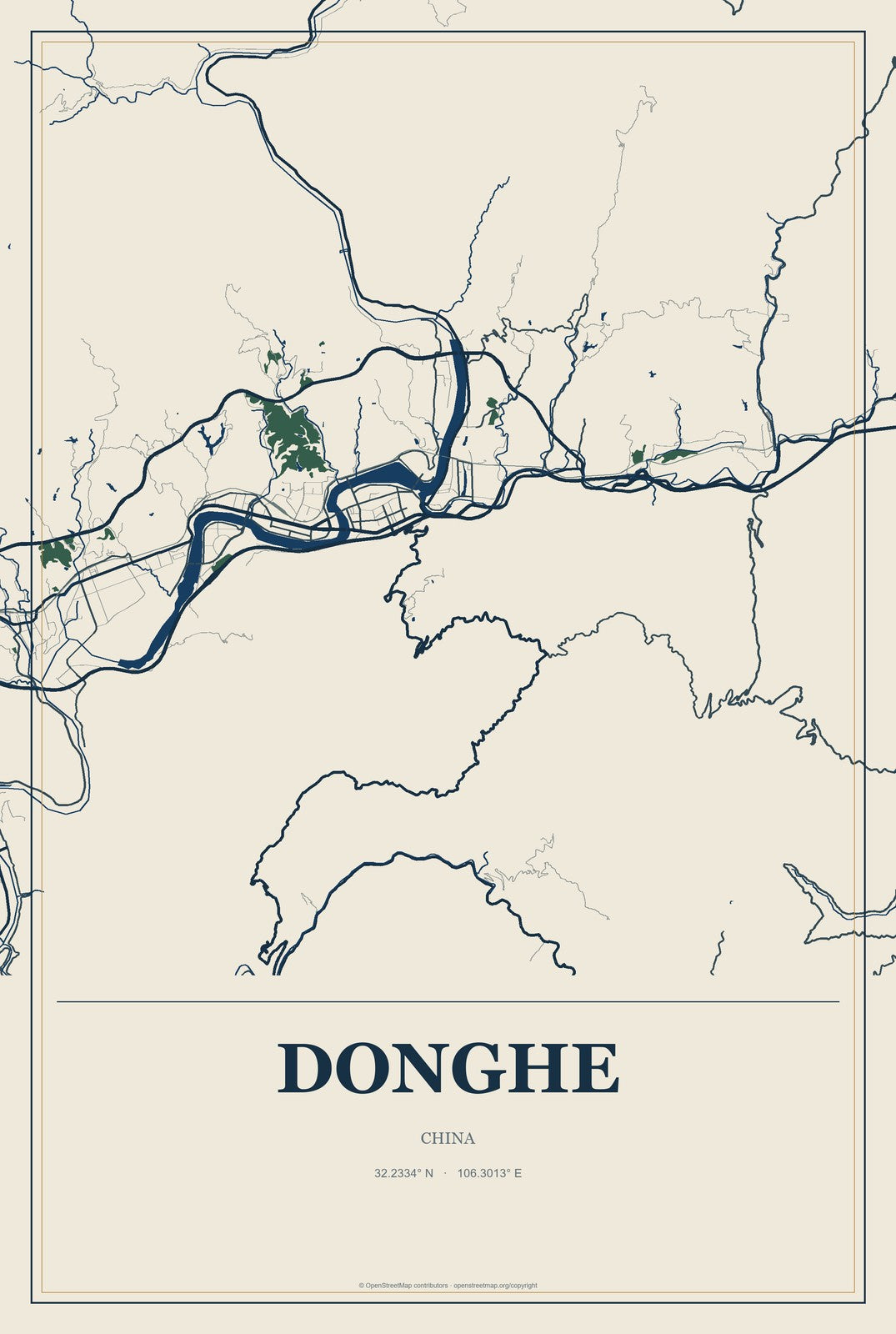 Donghe, Yunnan, China City Map Aluminum Sign in Coastal Cutout style