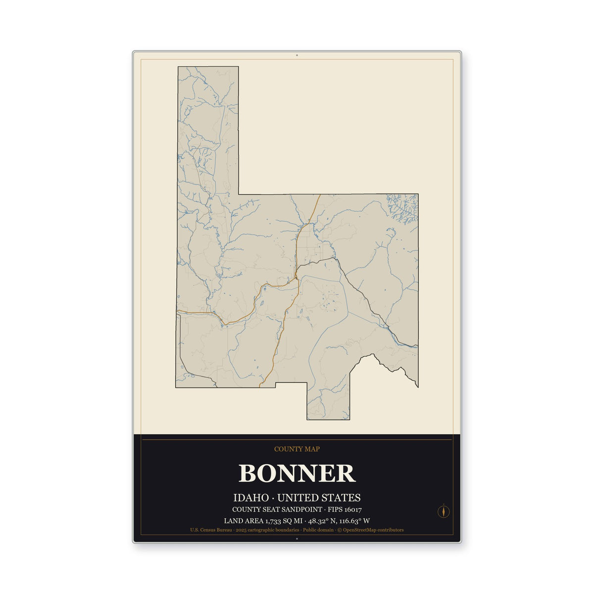 Bonner County, Idaho Map Aluminum Sign in Museum Plaque style