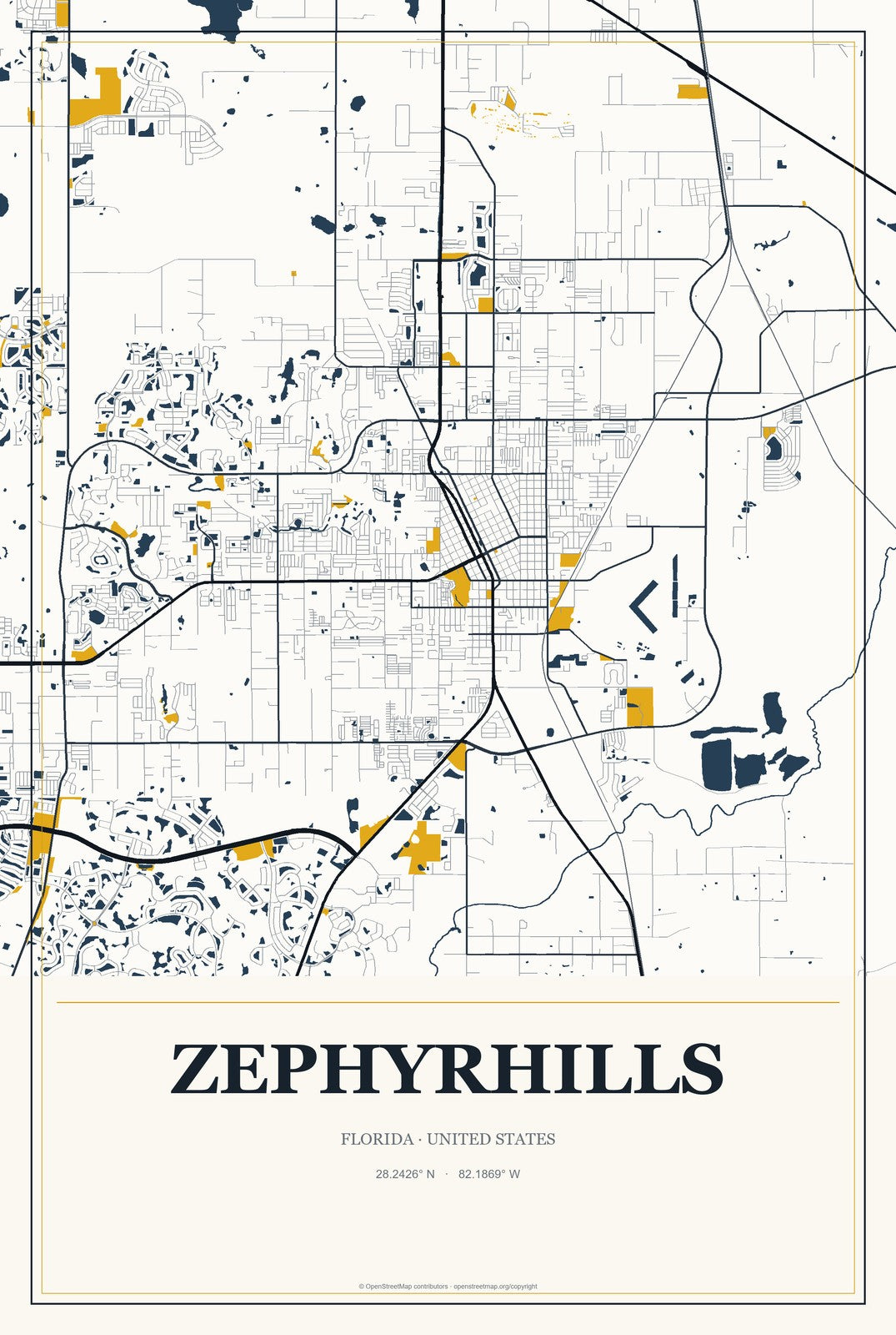 Zephyrhills, Florida City Map Aluminum Sign in Citrine Modern style