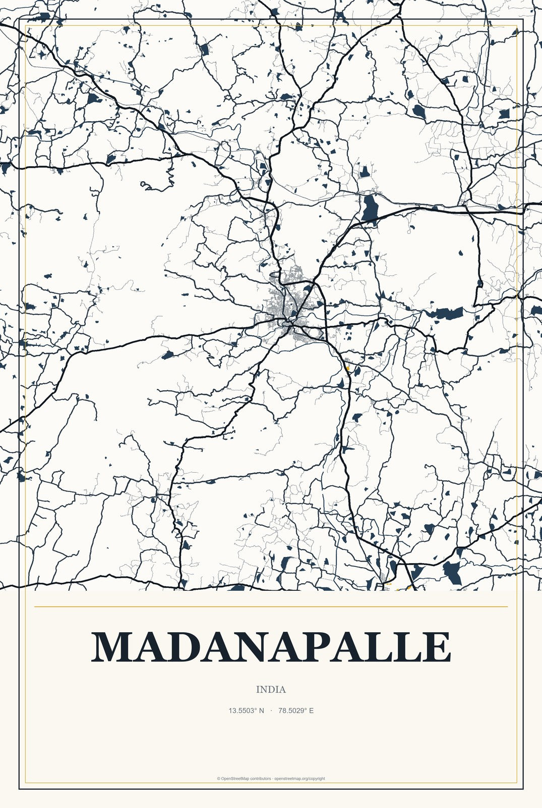 Madanapalle, India City Map Aluminum Sign in Citrine Modern style