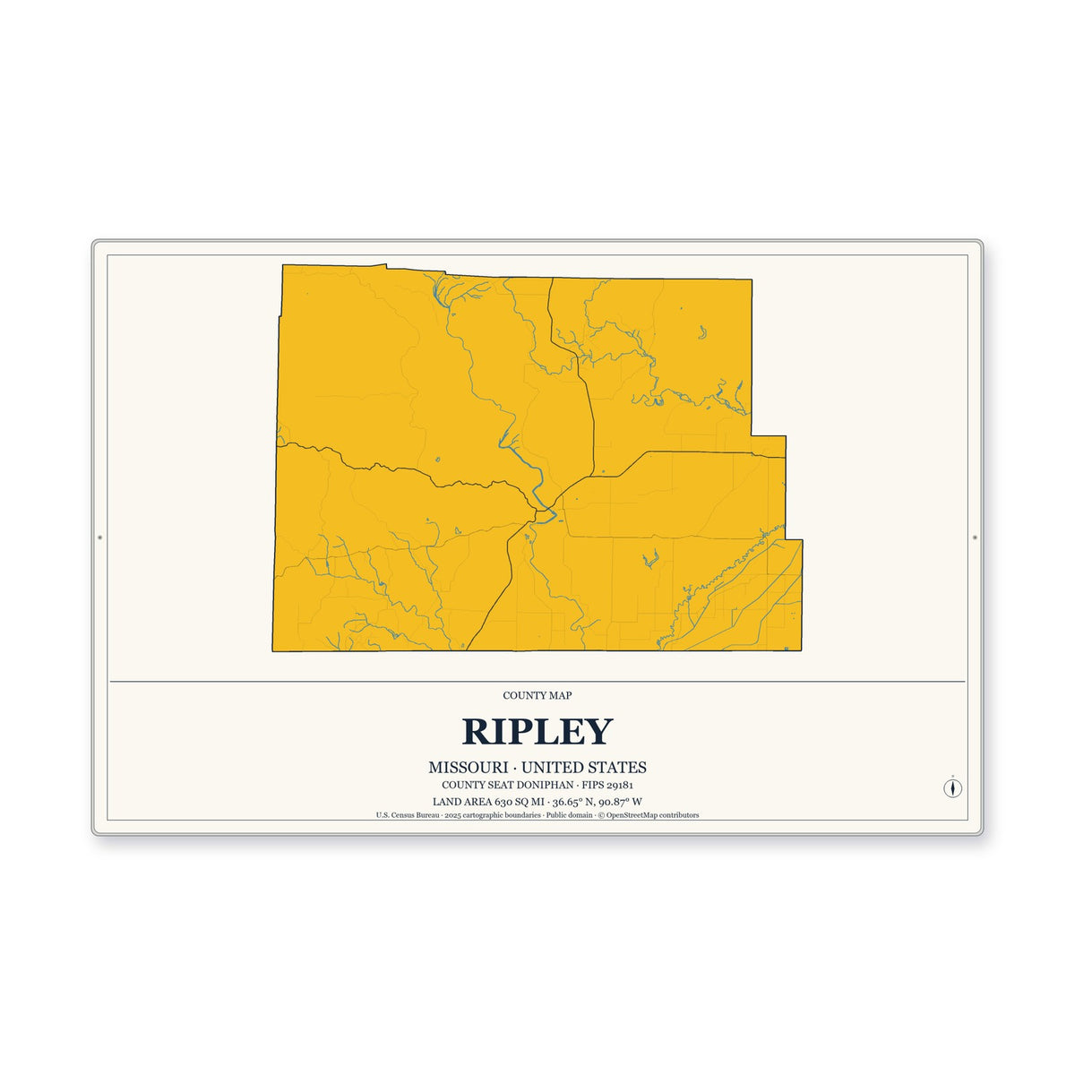 Ripley County, Missouri Map Aluminum Sign in Citrine Modern style