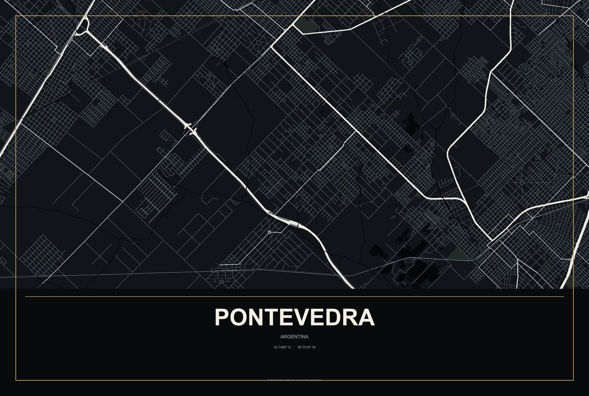 Pontevedra, Argentina City Map Aluminum Sign in Metropolitan Noir style