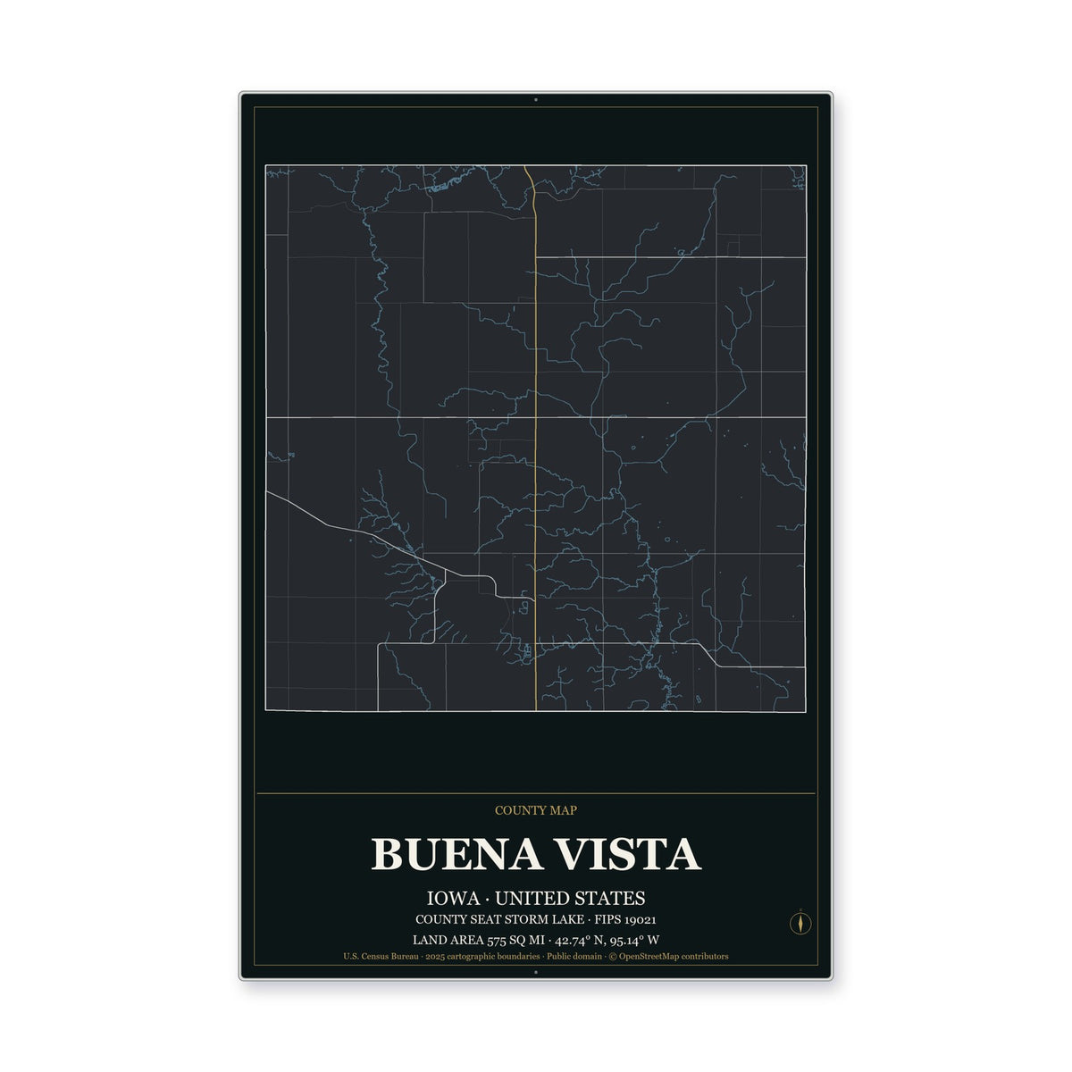 Buena Vista County, Iowa Map Aluminum Sign in Metropolitan Noir style