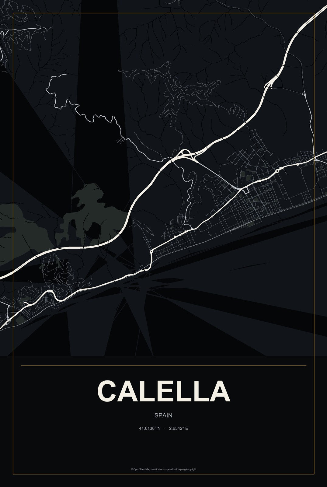 Calella, Spain City Map Aluminum Sign in Metropolitan Noir style