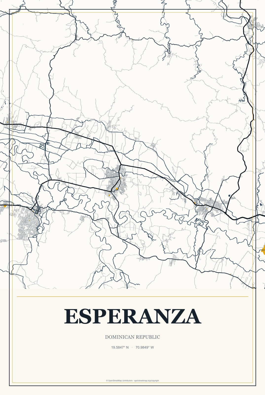 Esperanza, Dominican Republic City Map Aluminum Sign in Citrine Modern style