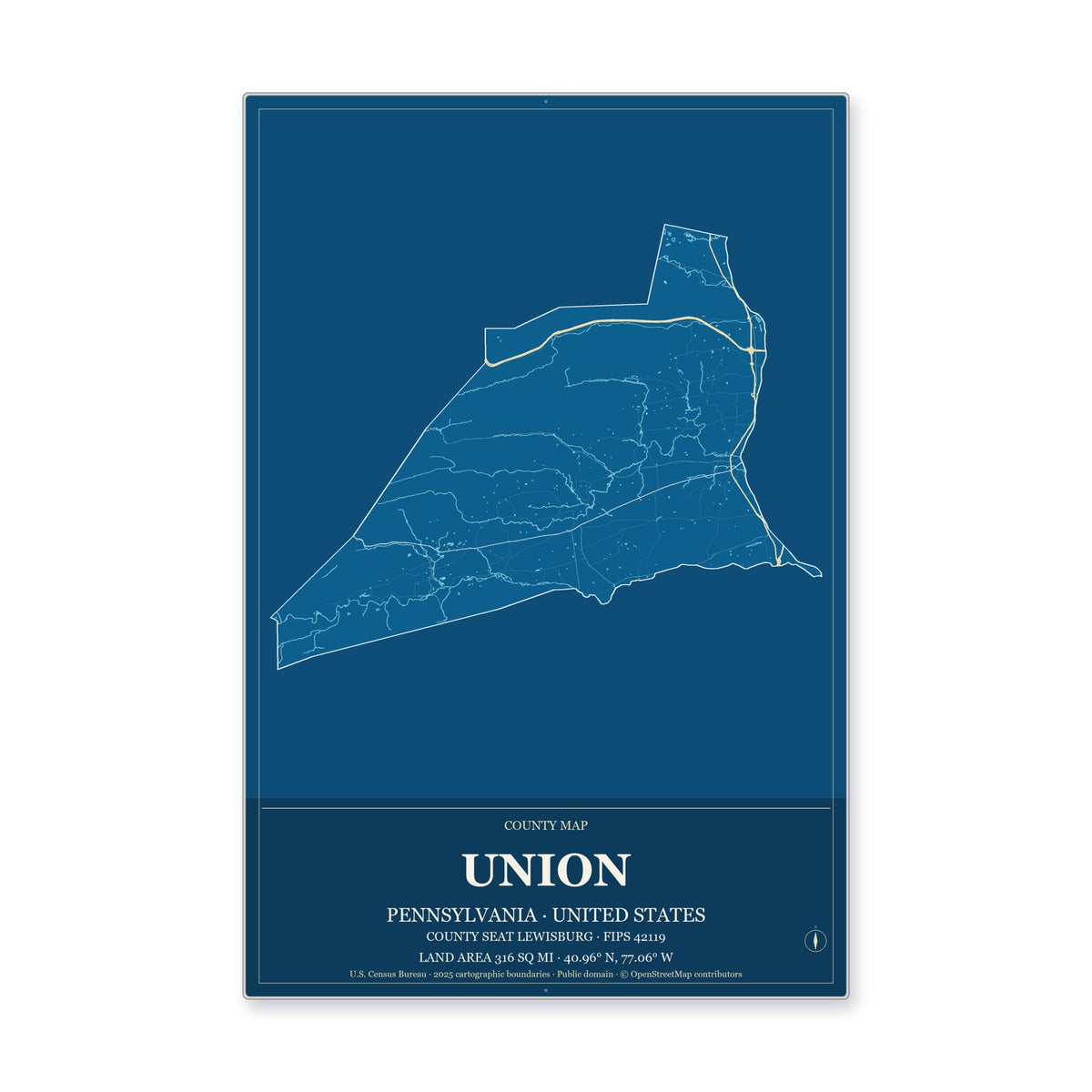 Union County, Pennsylvania Map Aluminum Sign in Harbor Cobalt style