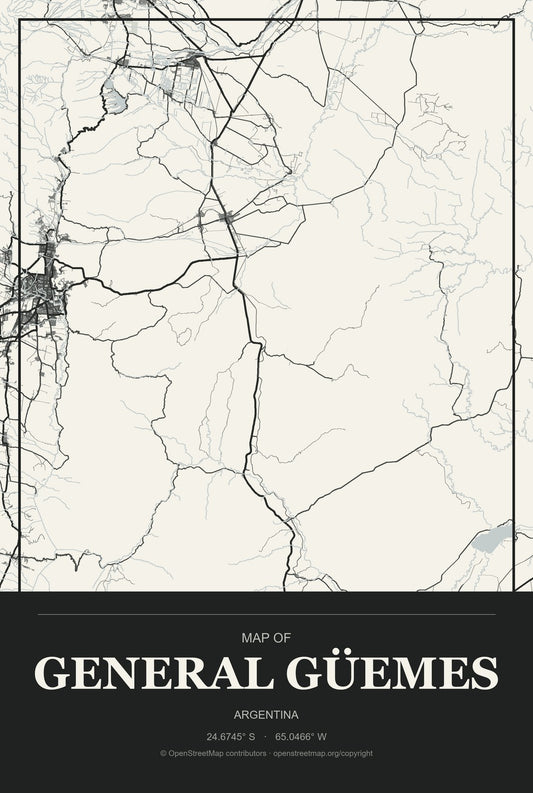 General Güemes, Argentina City Map Aluminum Sign in Museum Plaque style