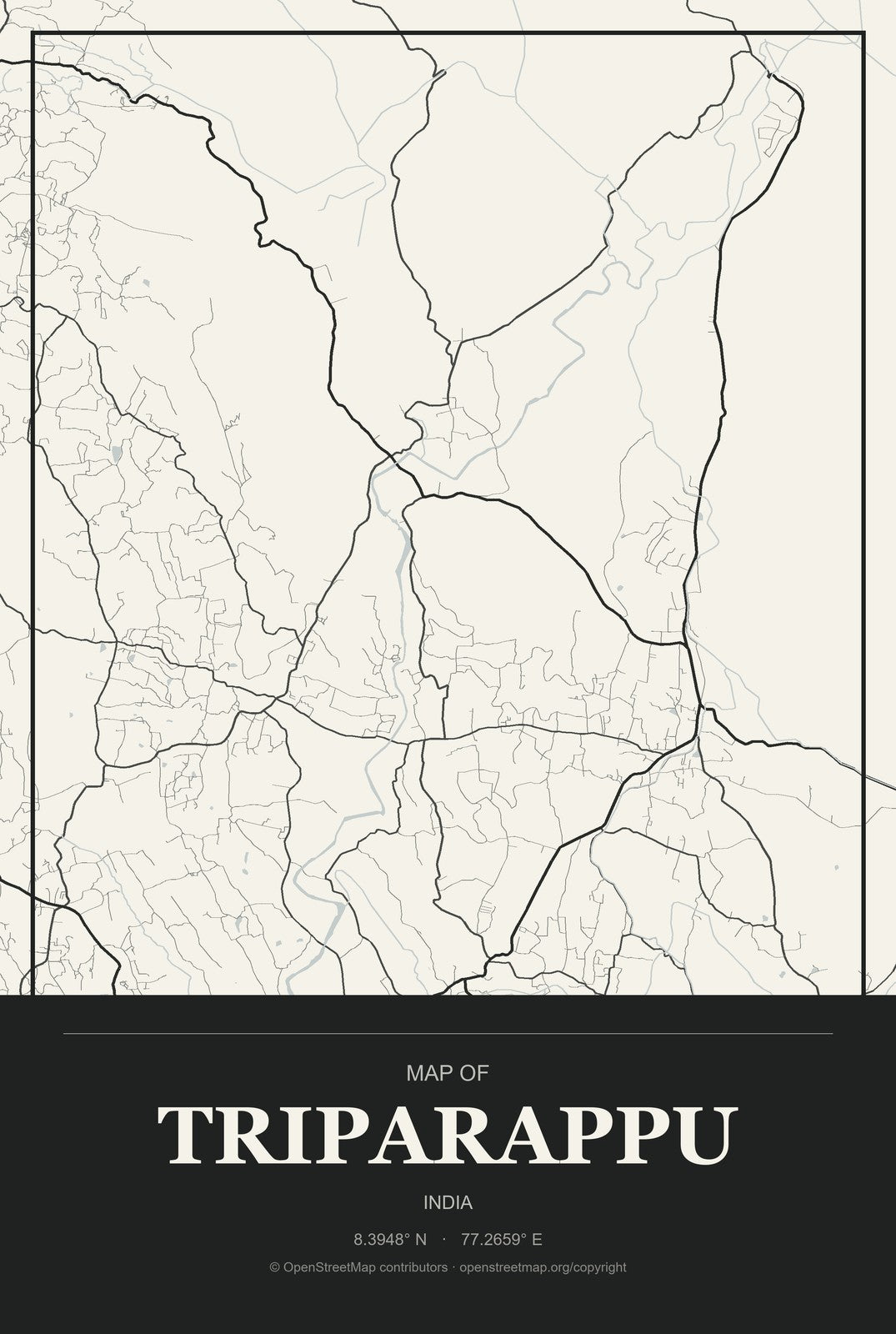 Triparappu, India City Map Aluminum Sign in Museum Plaque style