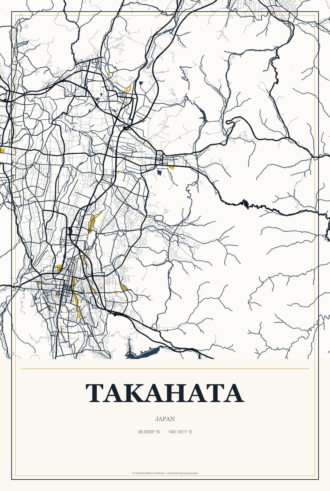 Takahata, Japan City Map Aluminum Sign in Citrine Modern style