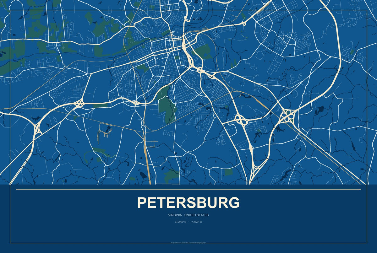 Petersburg, Virginia City Map Aluminum Sign in Harbor Cobalt style