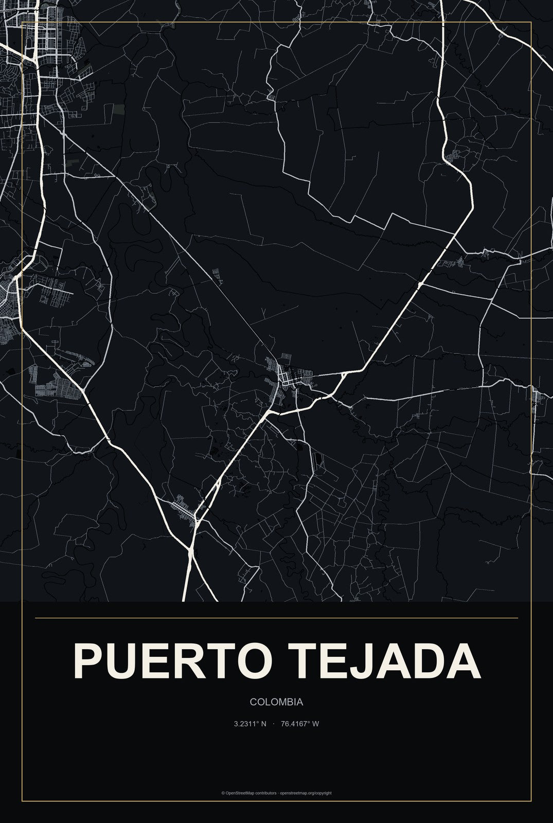 Puerto Tejada, Colombia City Map Aluminum Sign in Metropolitan Noir style