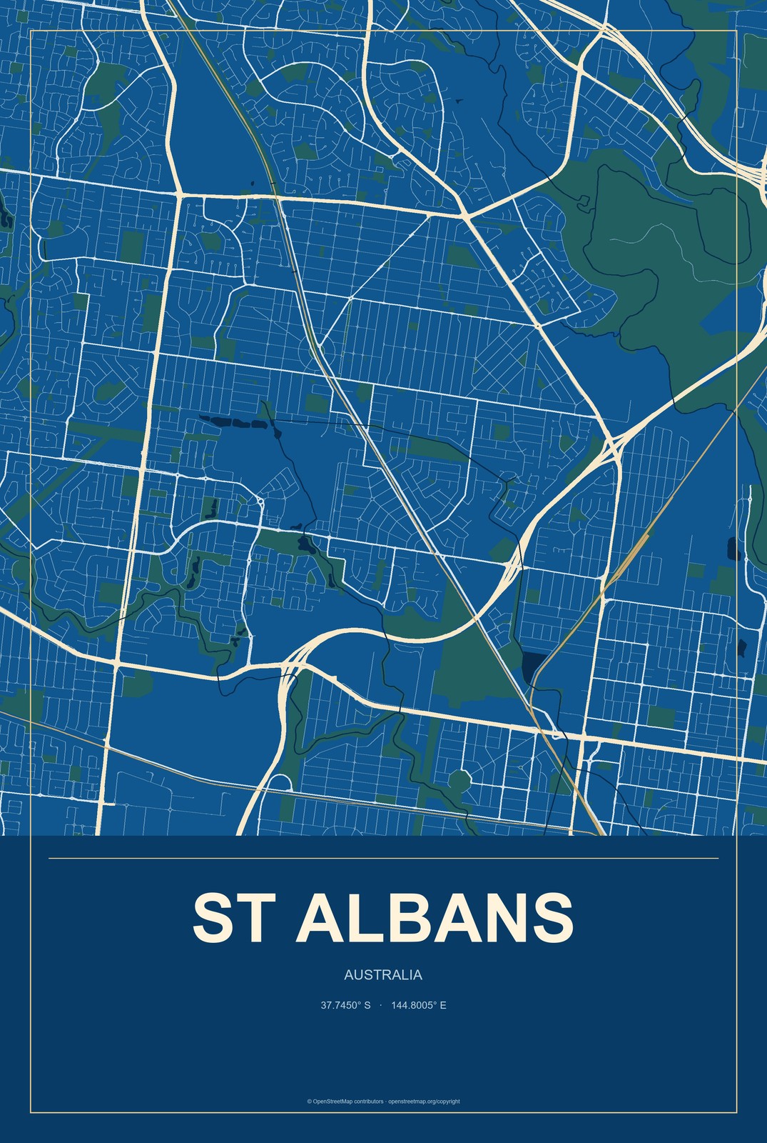 St Albans, Australia City Map Aluminum Sign in Harbor Cobalt style