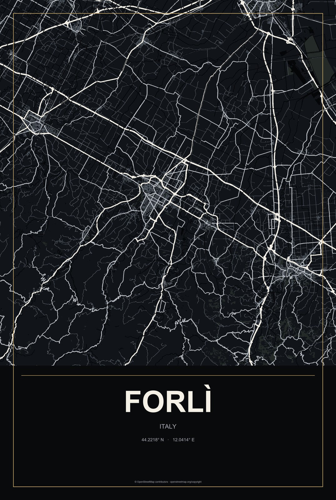 Forlì, Italy City Map Aluminum Sign in Metropolitan Noir style