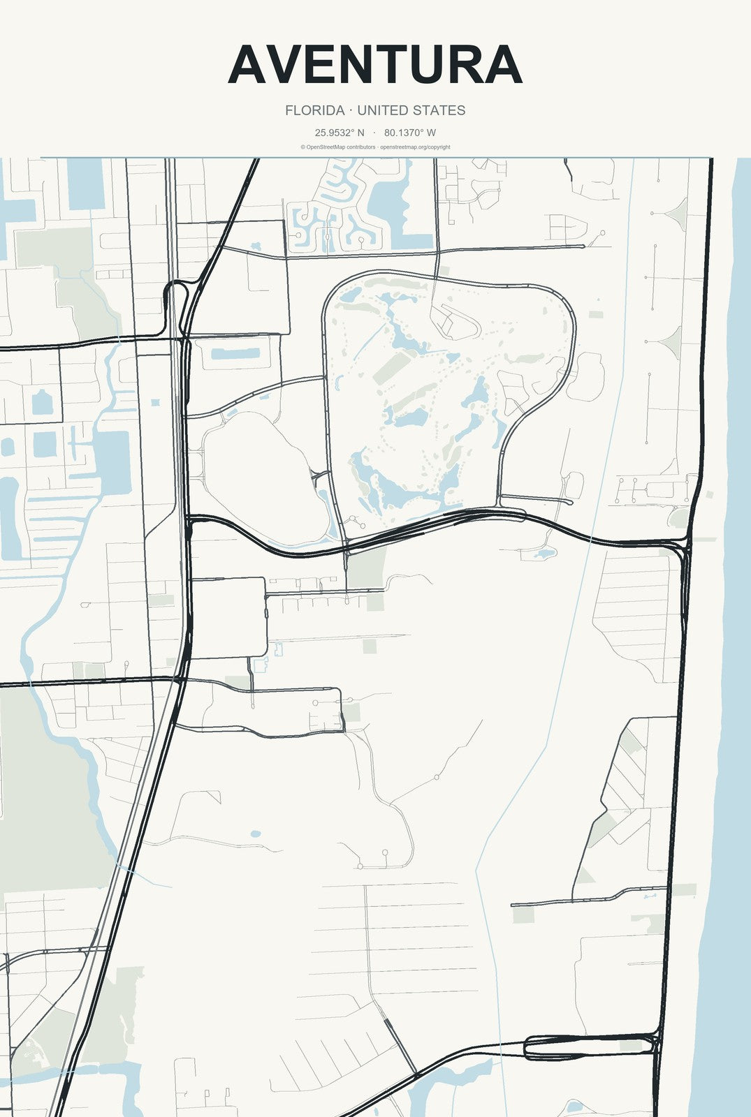Aventura, Florida City Map Aluminum Sign in Headline Atlas style