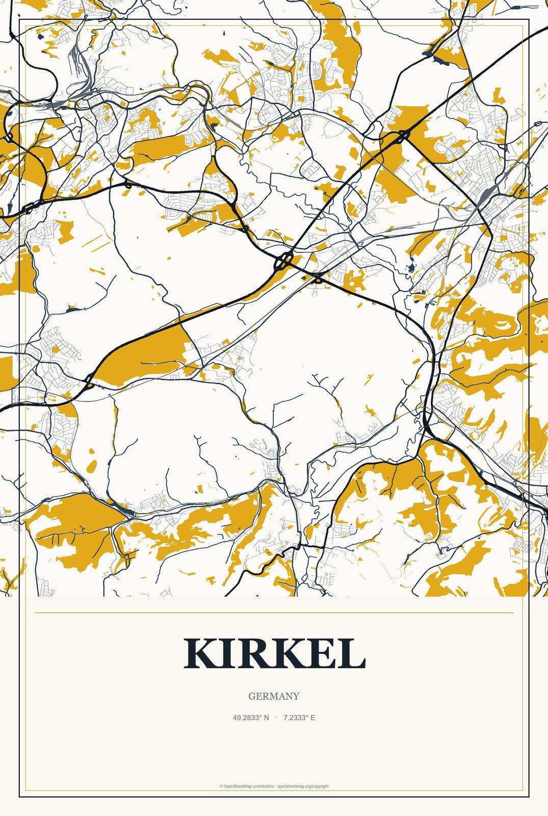 Kirkel, Germany City Map Aluminum Sign in Citrine Modern style