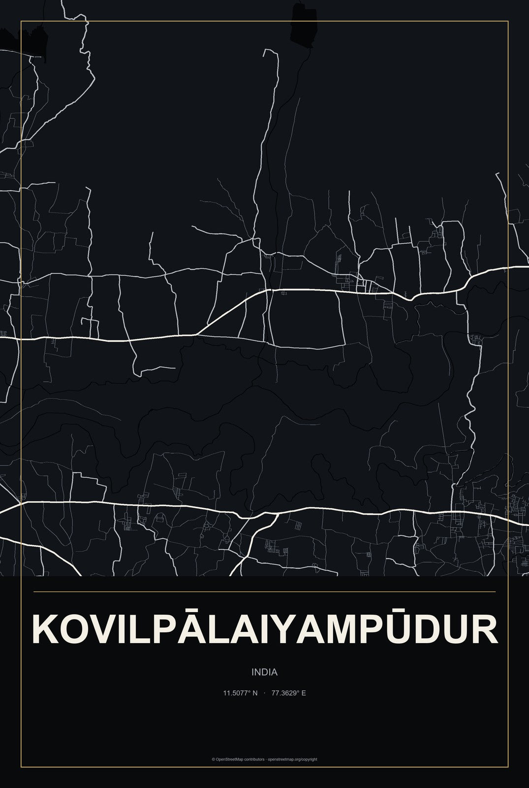 Kovilpālaiyampūdur, India City Map Aluminum Sign in Metropolitan Noir style