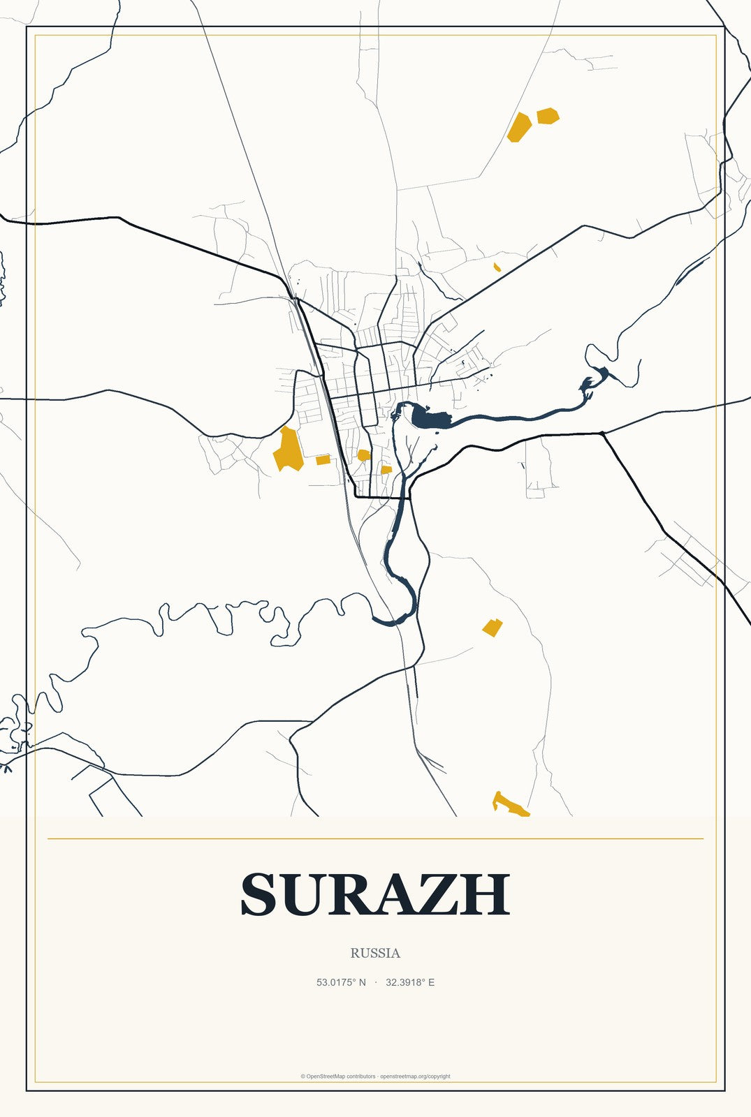 Surazh, Russia City Map Aluminum Sign in Citrine Modern style