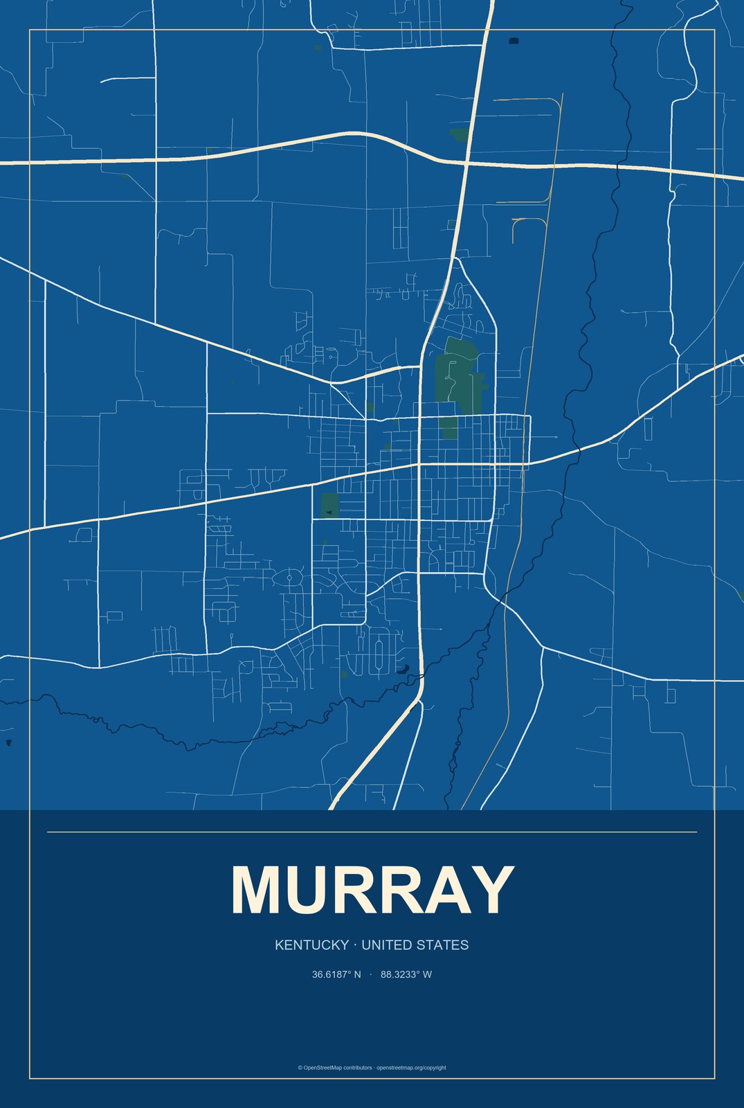Murray, Kentucky City Map Aluminum Sign in Harbor Cobalt style
