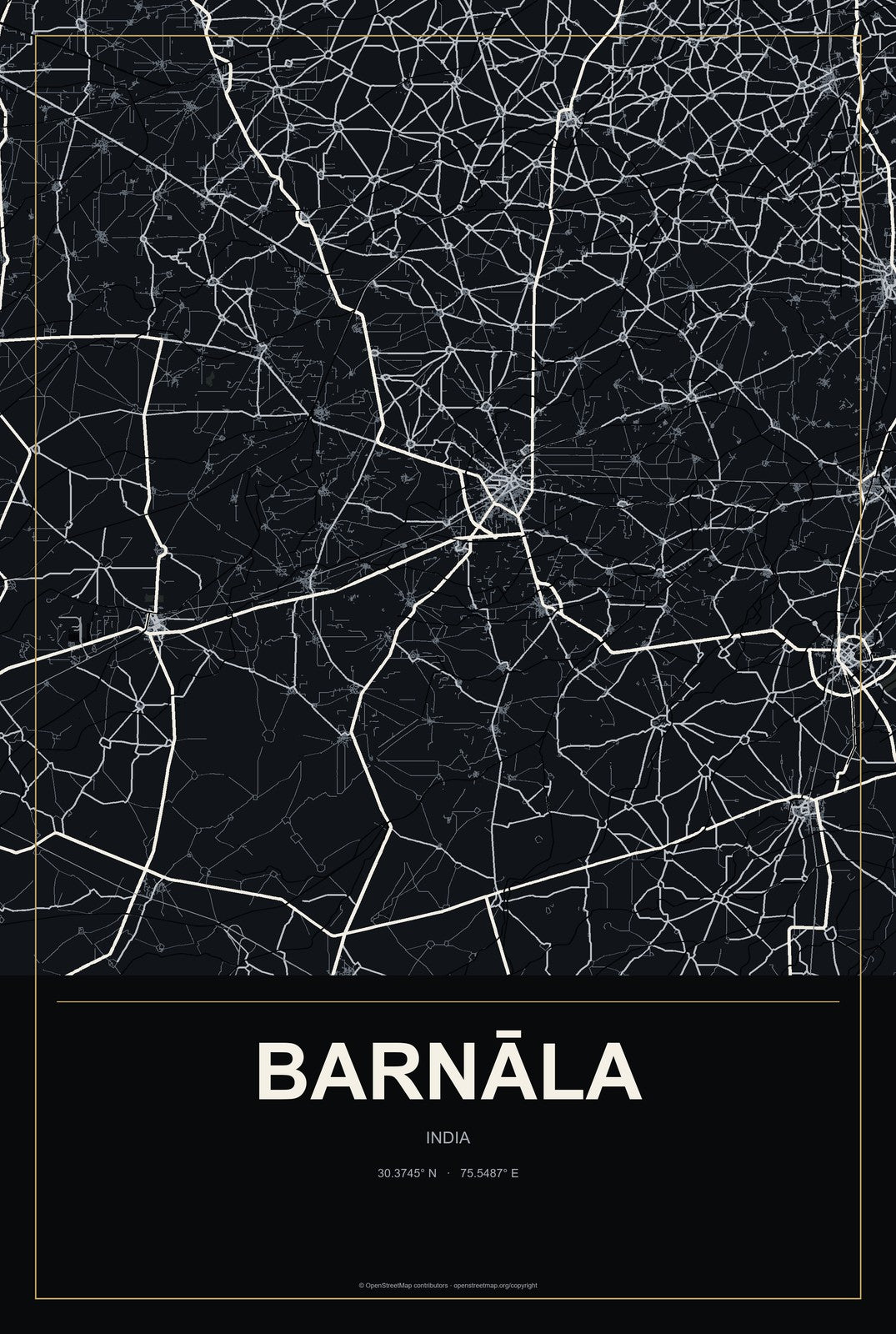 Barnāla, India City Map Aluminum Sign in Metropolitan Noir style