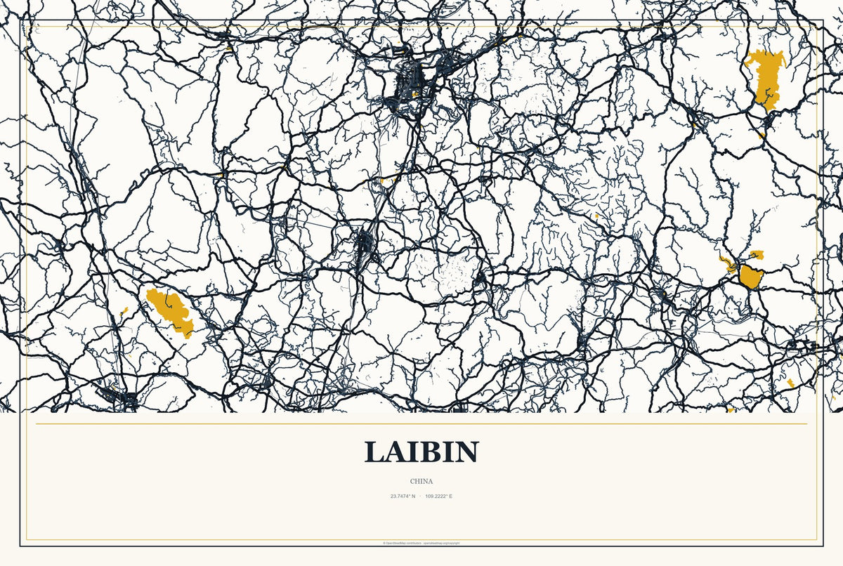 Laibin, China City Map Aluminum Sign in Citrine Modern style