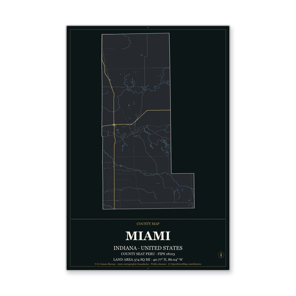 Miami County, Indiana Map Aluminum Sign in Metropolitan Noir style