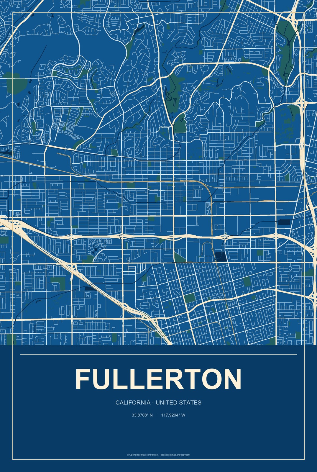 Fullerton, California City Map Aluminum Sign in Harbor Cobalt style