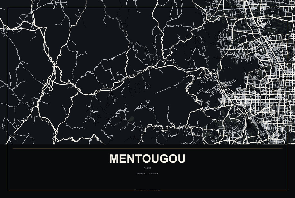 Mentougou, China City Map Aluminum Sign in Metropolitan Noir style