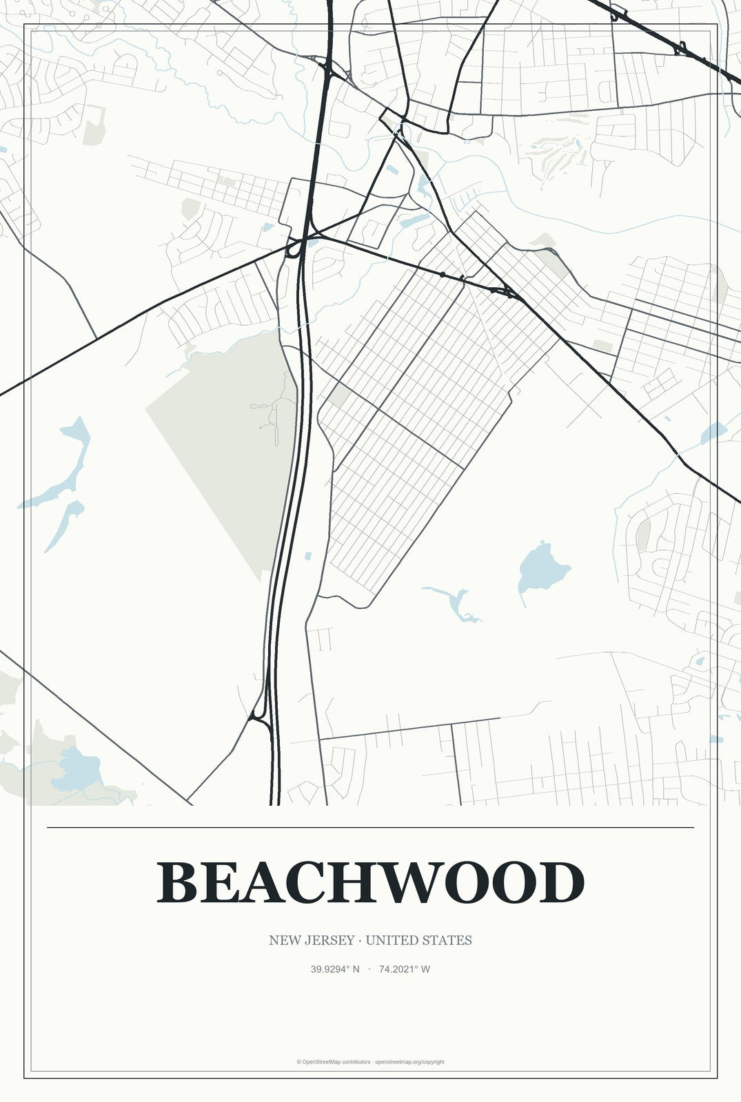 Beachwood, New Jersey City Map Aluminum Sign in Gallery Air style
