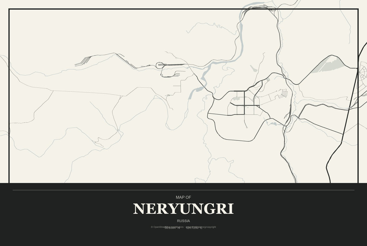 Neryungri, Russia City Map Aluminum Sign in Museum Plaque style