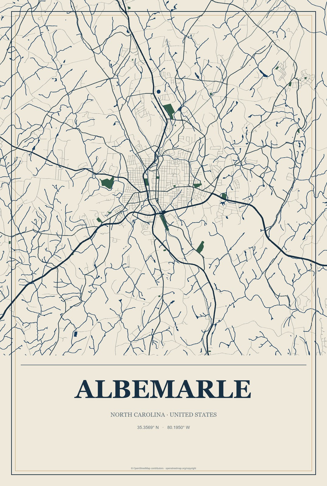 Albemarle, North Carolina City Map Aluminum Sign in Coastal Cutout style