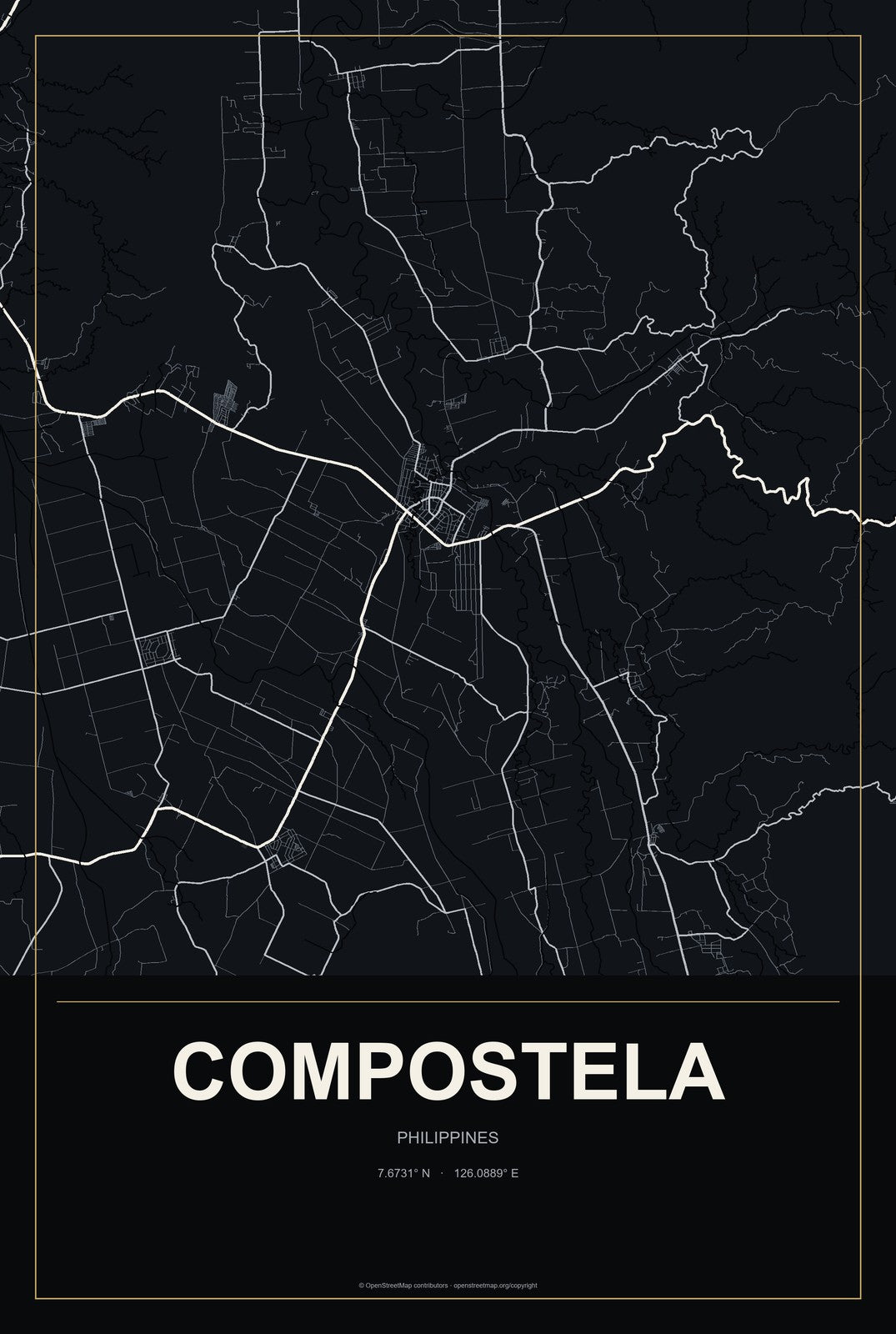 Compostela, Central Visayas, Philippines City Map Aluminum Sign in Metropolitan Noir style