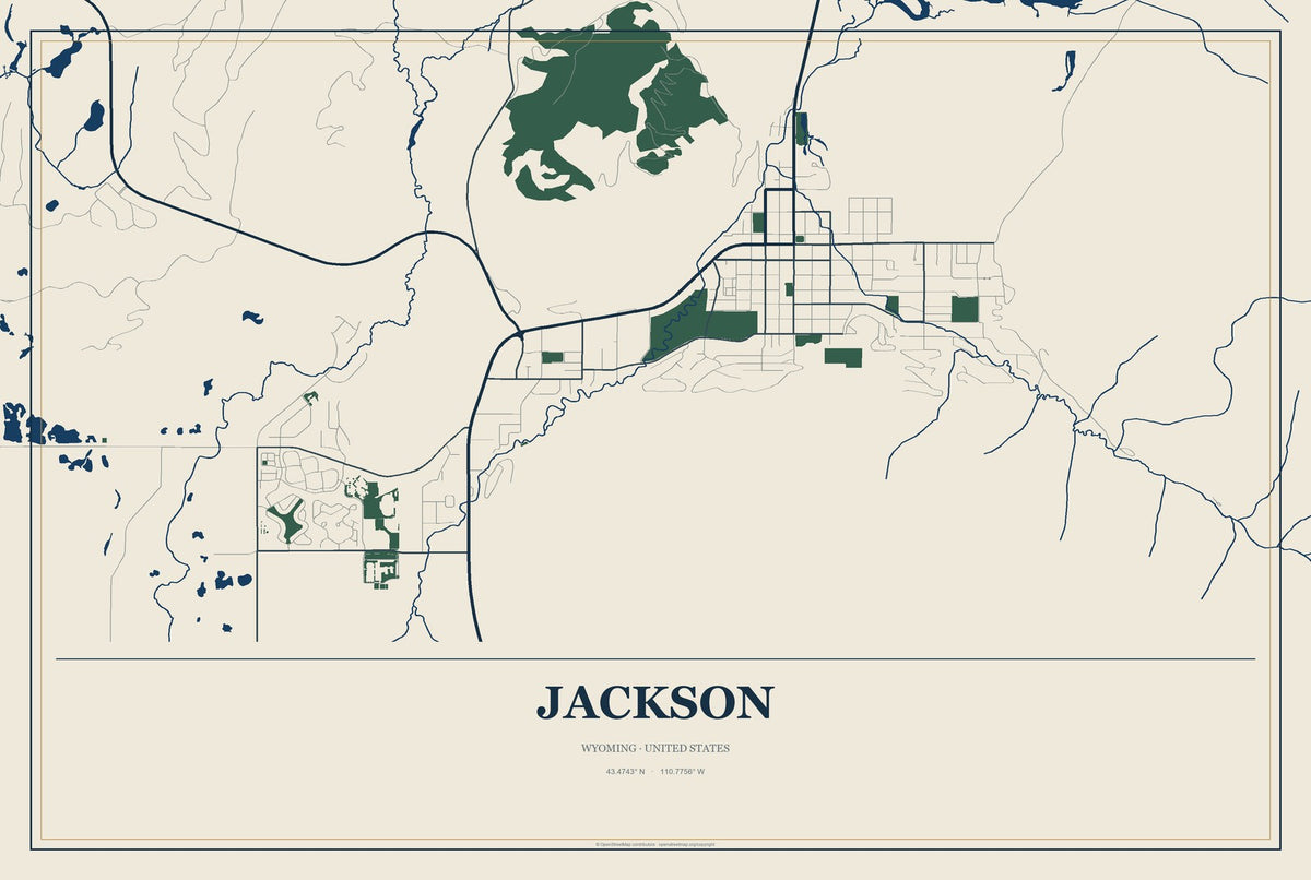Jackson, Wyoming City Map Aluminum Sign in Coastal Cutout style