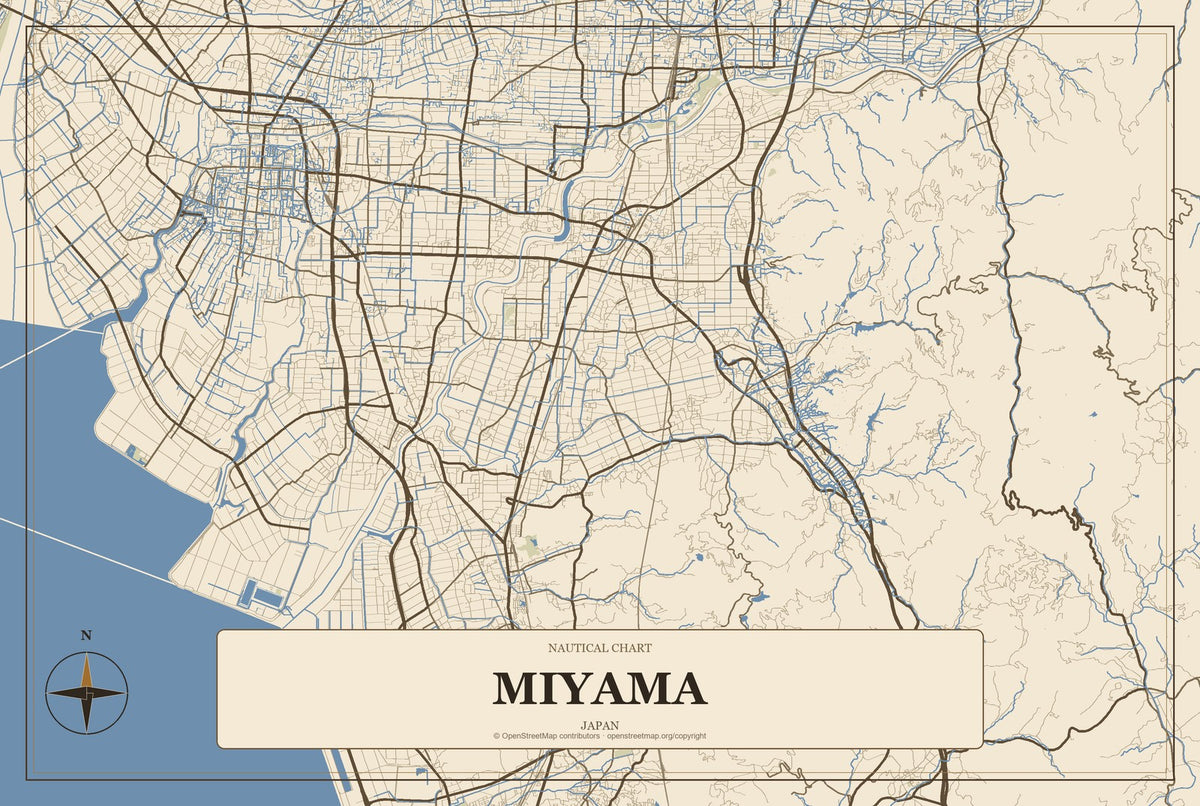 Miyama, Japan City Map Aluminum Sign in Heritage Nautical style
