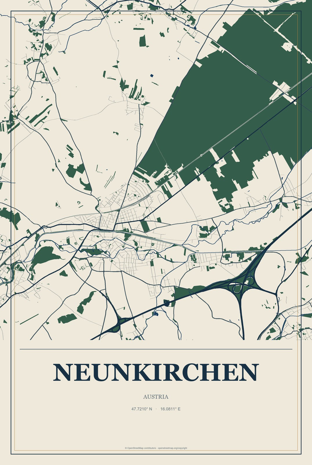 Neunkirchen, Austria City Map Aluminum Sign in Coastal Cutout style