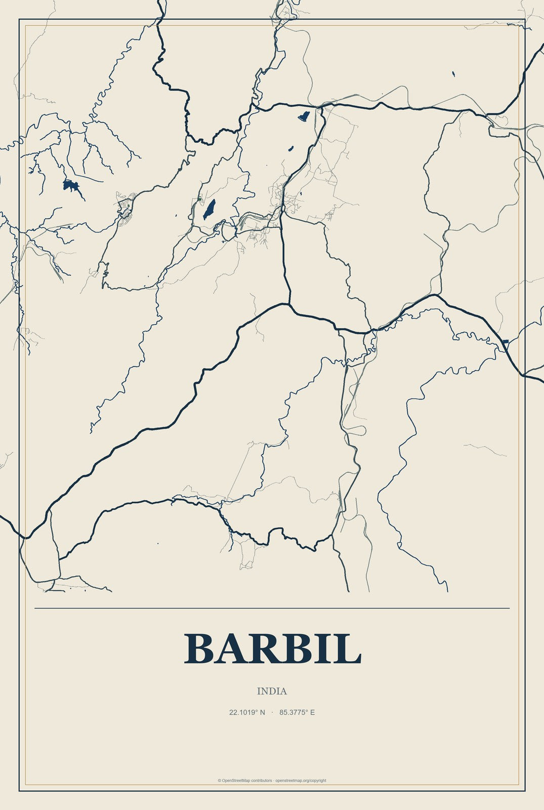 Barbil, India City Map Aluminum Sign in Coastal Cutout style