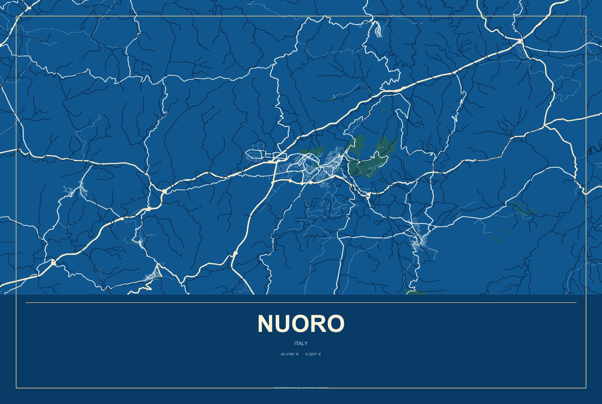 Nuoro, Italy City Map Aluminum Sign in Harbor Cobalt style