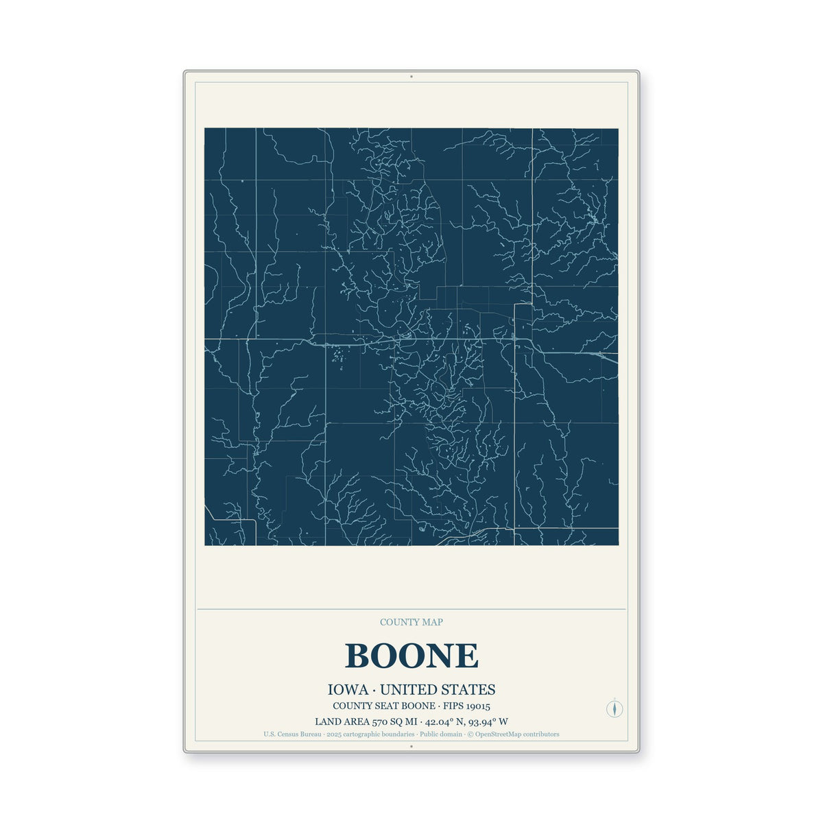 Boone County, Iowa Map Aluminum Sign in Coastal Cutout style