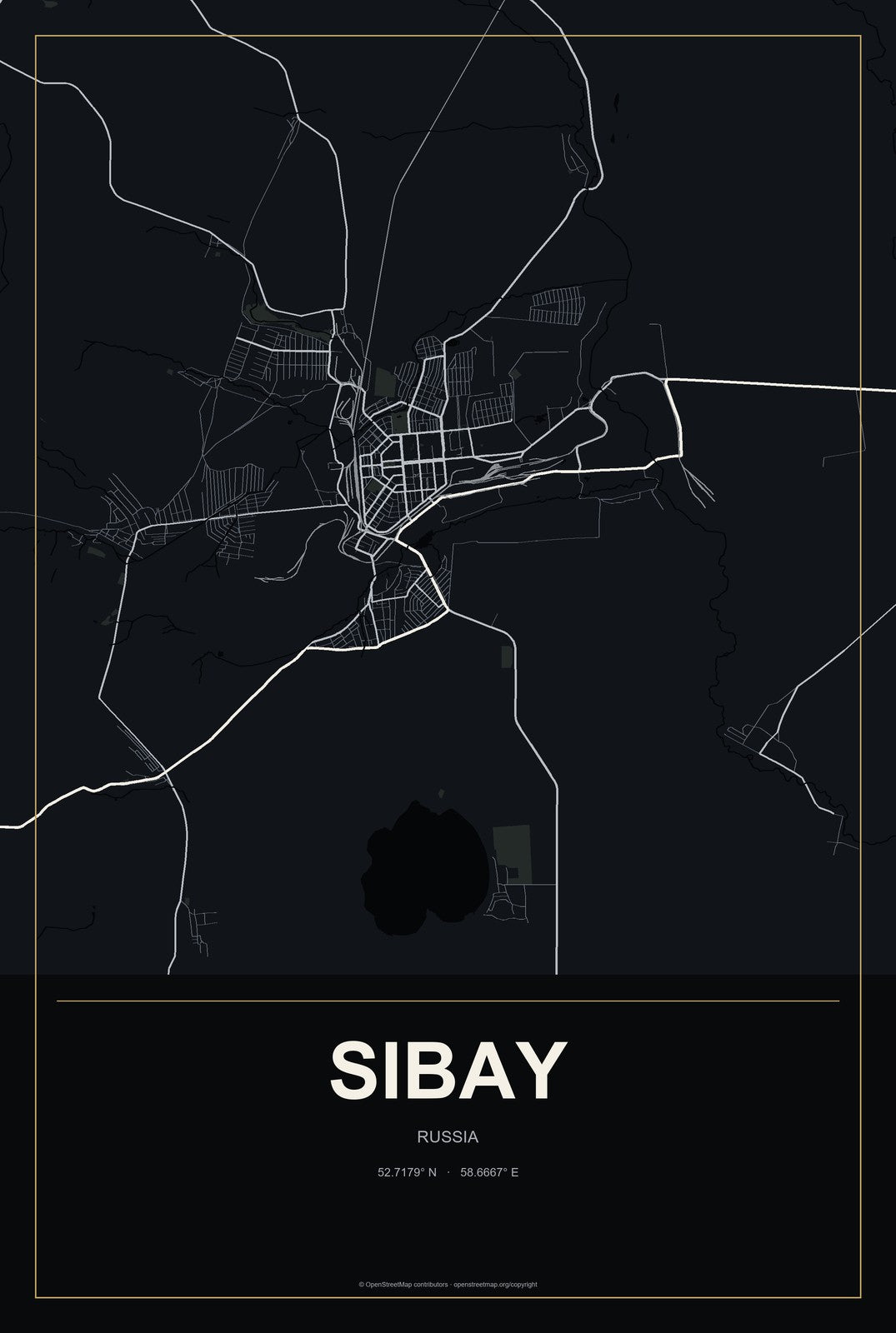 Sibay, Russia City Map Aluminum Sign in Metropolitan Noir style