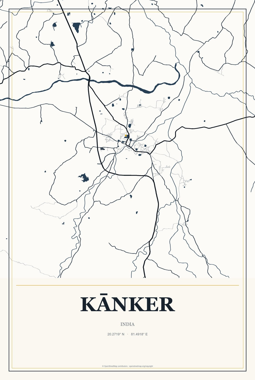 Kānker, India City Map Aluminum Sign in Citrine Modern style