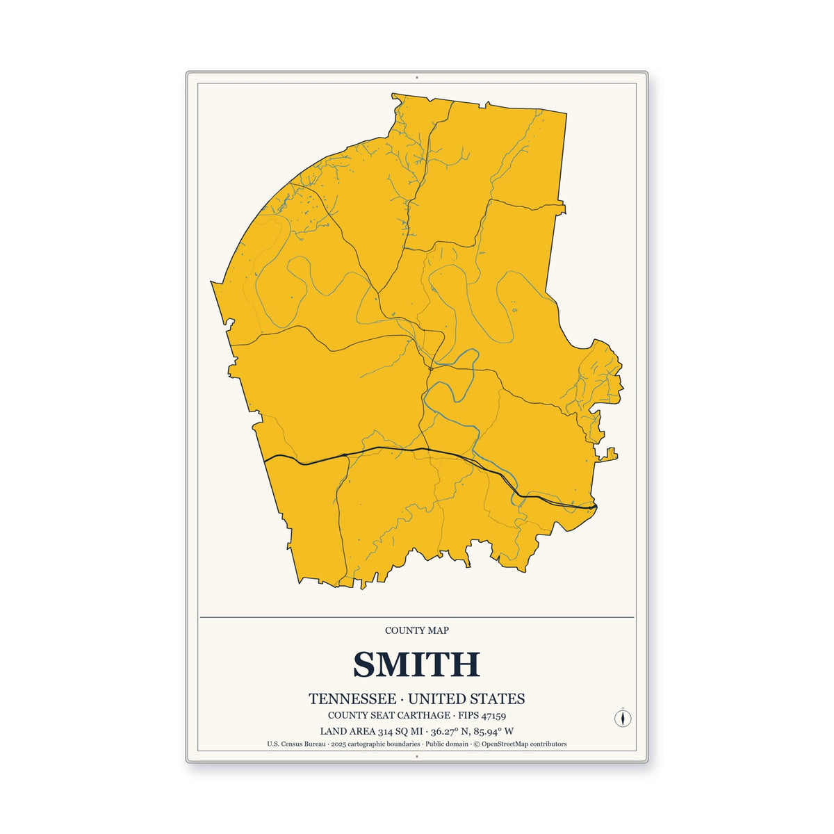 Smith County, Tennessee Map Aluminum Sign in Citrine Modern style